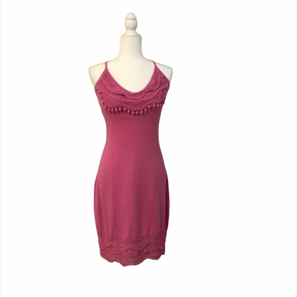 Milly of New York Crochet-Trim Stretchy Cotton Pink Pom Pom Halter Dress Size S